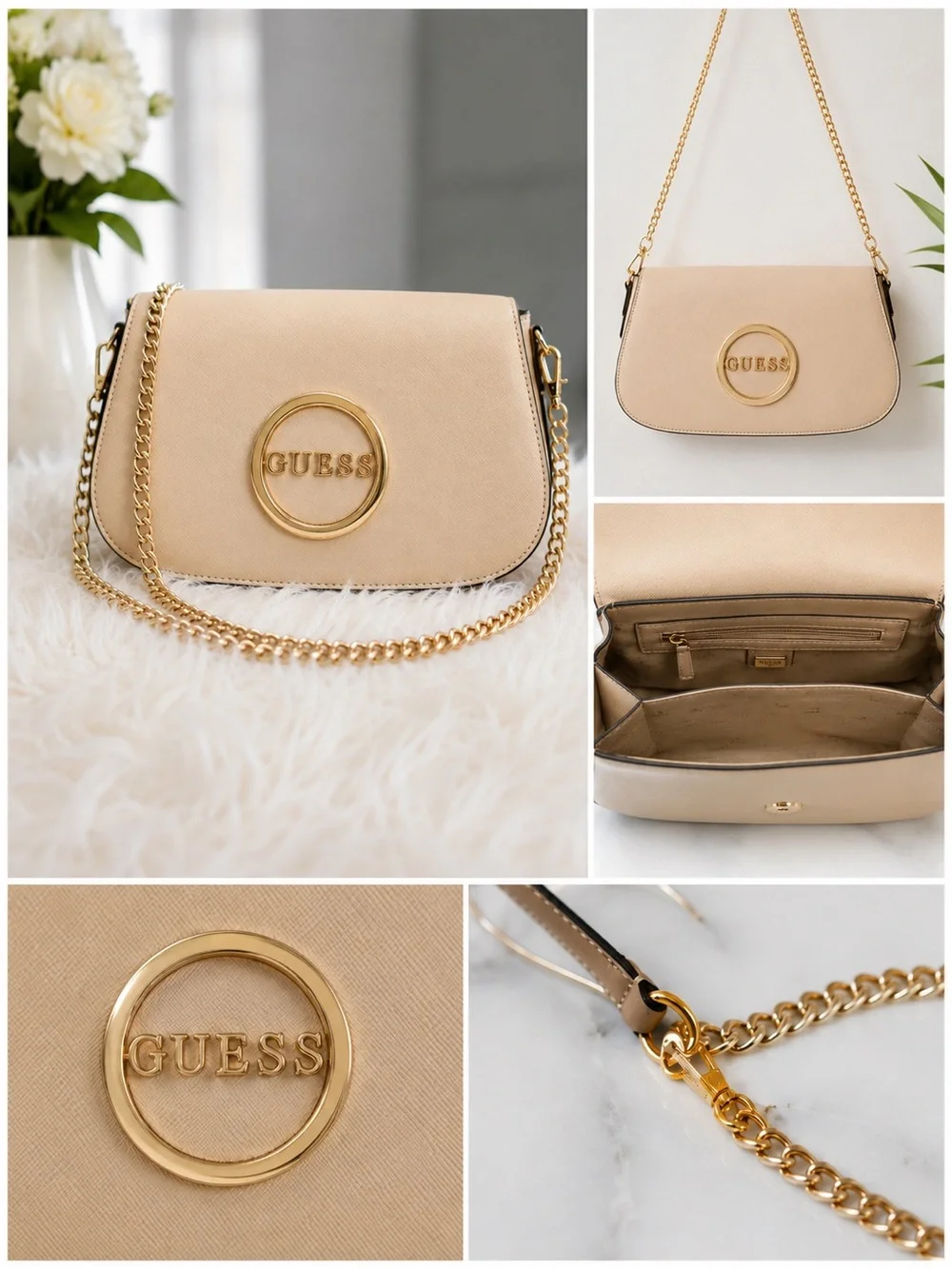 GUESS Beige Shoulder Bag with Gold Chain